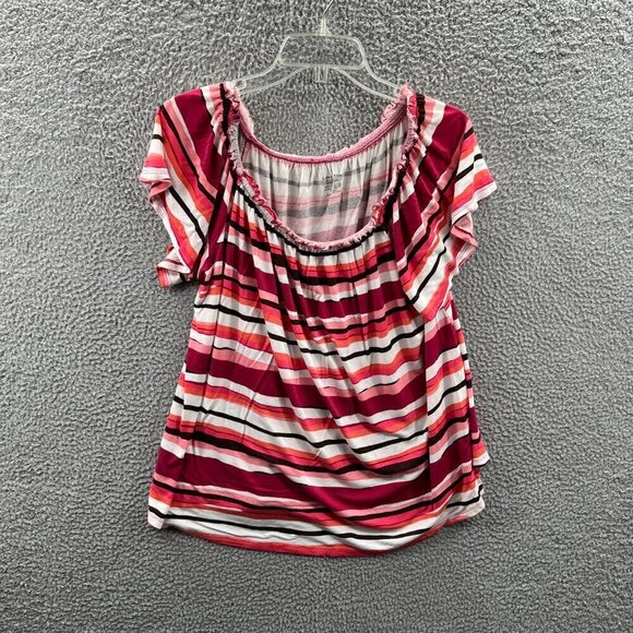 Lane Bryant Women Top 14/16 Red Pink Stripe Pullover Short Sleeves Shirt Stretch - Picture 1 of 7